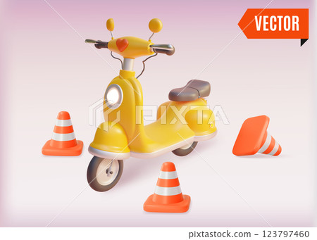 3d Orange Plastic Cones and Scooter Set Cartoon Design Style. Vector illustration of Safety and Alert Concept 3d Orange Plastic Cones and Scooter Set Cartoon Design Style. Vector illustration of Safety and Alert Concept 123797460