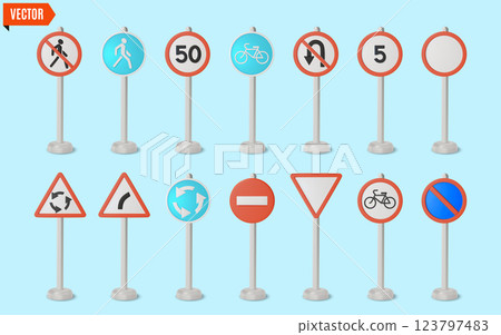 3d Traffic Rules Concept Different Road Signs on a Stand Set Cartoon Design Style. Vector illustration 123797483