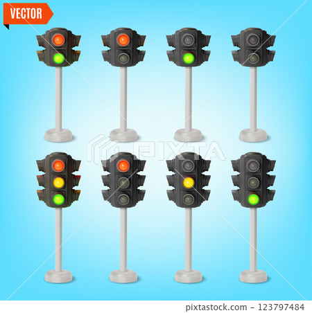 3d Traffic Light on a Stand Sequence Red, Yellow and Green Lights Cartoon Design Style Symbol of Rules. Vector illustration 3d Traffic Light on a Stand Sequence Red, Yellow and Green Lights Cartoon Design Style Symbol of Rules. Vector illustration 123797484