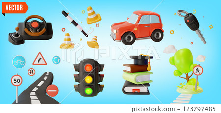 3d Driving School Concept Elements Set Cartoon Design Style. Vector illustration of Car, Police Stick, Key and Steering Wheel 123797485