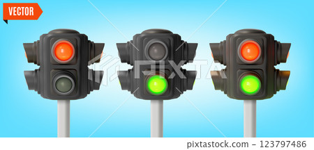 3d Pedestrian Traffic Light Sequence Red and Green Lights Cartoon Design Style Symbol of Rules. Vector illustration 123797486