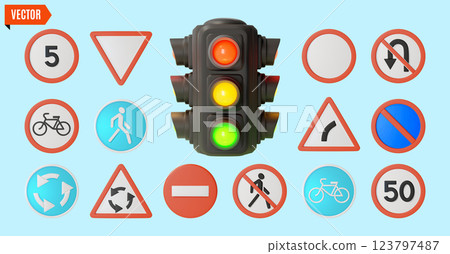 3d Rules Concept Traffic Light and Different Road Signs Cartoon Design Style. Vector illustration of Stoplight 123797487
