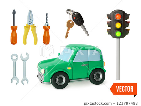 3d Road Rules or Repair Concept Traffic Light, Keys, Car and Tools Cartoon Design Style. Vector illustration 3d Road Rules or Repair Concept Traffic Light, Keys, Car and Tools Cartoon Design Style. Vector illustration 123797488