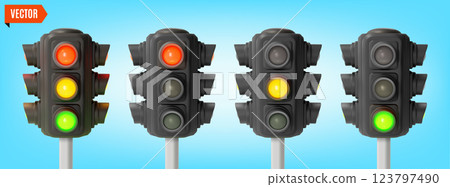 3d Traffic Light Sequence Red, Yellow and Green Lights Cartoon Design Style Symbol of Rules. Vector illustration 3d Traffic Light Sequence Red, Yellow and Green Lights Cartoon Design Style Symbol of Rules. Vector illustration 123797490