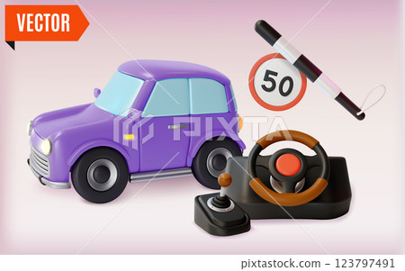 3d Traffic Rules Concept Floating Police Stick, Car, Maximum Speed Sign and Steering Wheel Cartoon Design Style. Vector illustration 3d Traffic Rules Concept Floating Police Stick, Car, Maximum Speed Sign and Steering Wheel Cartoon Design Style. Vector illustration 123797491