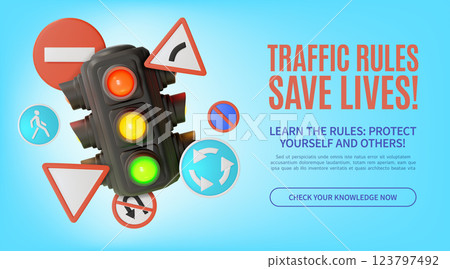 3d Road Rules Save Lives Concept Ads Banner Promotion Poster Card with Traffic Light Illuminated and Road Signs Around. Vector illustration 3d Road Rules Save Lives Concept Ads Banner Promotion Poster Card with Traffic Light Illuminated and Road Signs Around. Vector illustration 123797492