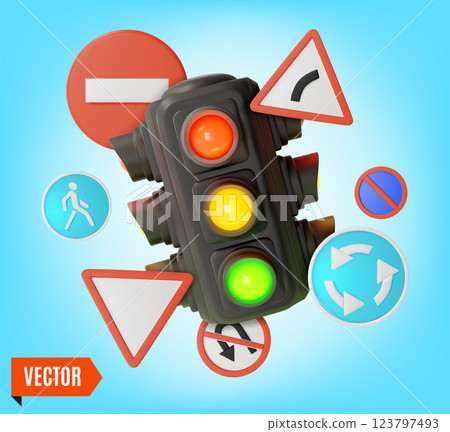 3d Road Rules Save Lives Concept Background with Traffic Light Illuminated and Road Signs Around Cartoon Design Style. Vector illustration 123797493