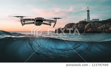 [16:9 版本] 無人機影像：無人機在燈塔附近調查洋流，4 個臂，白色、黑色、灰色、銀色 123797499