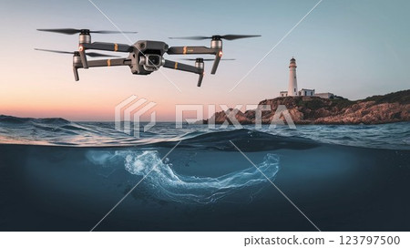 [16:9 版本] 無人機影像：無人機在燈塔附近調查洋流，4 個臂，白色、黑色、灰色、銀色 123797500