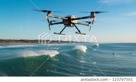 [16:9 version] Drone image: Drone measuring wave height on the coast, 4 arms, white, black, gray, silver 123797501