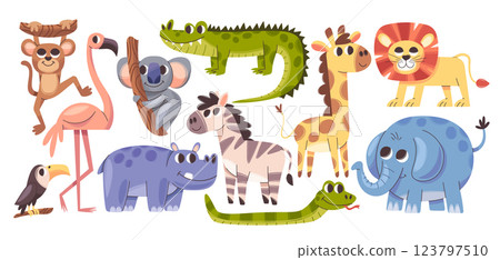 Cute safari animals and birds cartoon baby characters kids nursery design elements isolated set 123797510