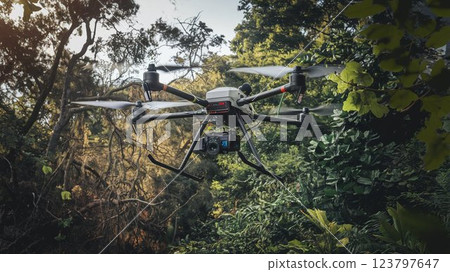 [16:9 版本] 無人機圖片：用於檢查森林樹木健康狀況的無人機，4 個臂，白色、黑色、灰色、銀色 123797647