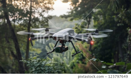 [16:9 版本] 無人機圖片：用於檢查森林樹木健康狀況的無人機，4 個臂，白色、黑色、灰色、銀色 123797649