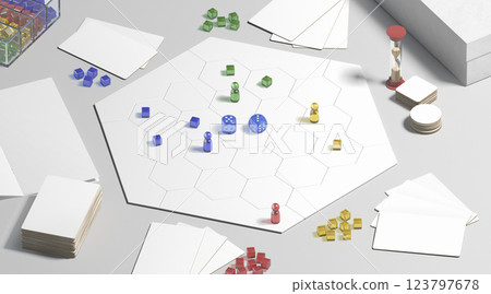 White board game field with chips, dice and cards mockup 123797678