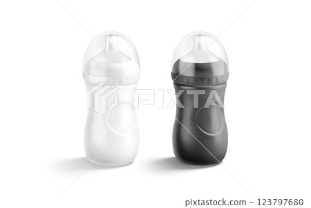 Blank black and white plastic baby bottle mockup, side view 123797680