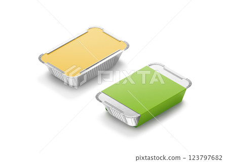 Blank colored aluminium foil container paper label mockup, half-turned view Blank colored aluminium foil container paper label mockup, half-turned view 123797682