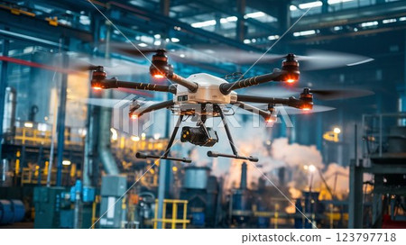 [16:9 版本] 無人機影像：無人機測量工廠內部空氣，6 個臂，白色、黑色、灰色、銀色 123797718