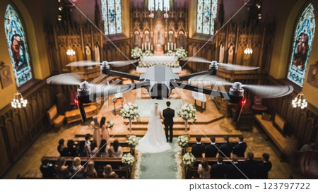 [16:9 version] Drone image: Drone taking pictures of weddings in churches, 4 arms, white, black, gray, silver 123797722