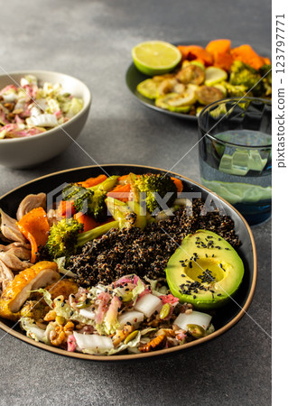 A hearty, balanced breakfast bowl with black quinoa, creamy avocado, roast chicken, sweet potatoes, zucchini, broccoli, and a fresh salad of cabbage and radish with chia and sesame seeds A hearty, balanced breakfast bowl with black quinoa, creamy avocado, roast chicken, sweet potatoes, zucchini, broccoli, and a fresh salad of cabbage and radish with chia and sesame seeds 123797771