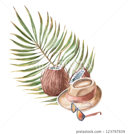 Sunglasses, coconuts, straw hat and palm branch. Isolated watercolor illustration of summer vacation attributes for beach goods design, t-shirt printing, postcards 123797839
