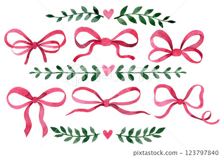 watercolor drawing, set of ribbons and bows in pink color. watercolor drawing, set of ribbons and bows in pink color. 123797840