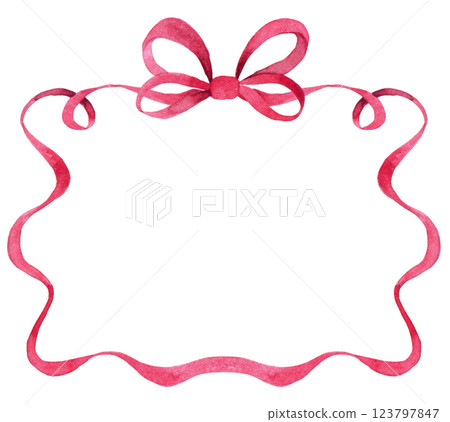 square frame of pink ribbon with a bow. watercolor illustration 123797847