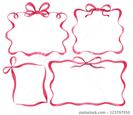 set of frames of pink ribbon with a bow. watercolor illustration set of frames of pink ribbon with a bow. watercolor illustration 123797850
