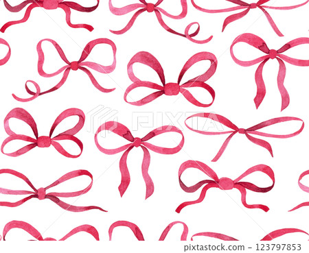 cute seamless pattern with pink bows and ribbons. watercolor print. 123797853
