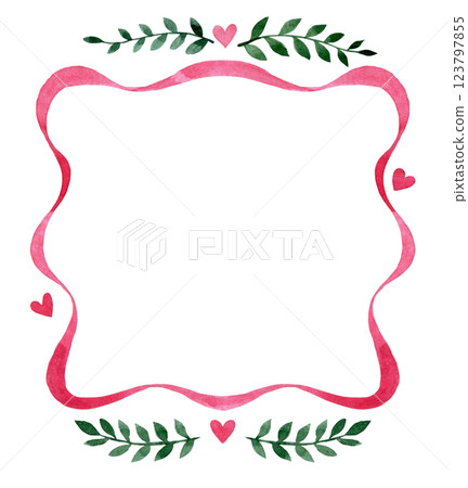 square frame of pink ribbon with a bow. watercolor illustration 123797855