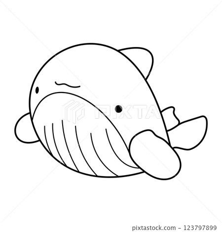 Cartoon Whale Outline Vector Illustration. A black and white vector illustration of a cartoon style whale with a round body, small fins, and a smiling expression. Cartoon Whale Outline Vector Illustration. A black and white vector illustration of a cartoon style whale with a round body, small fins, and a smiling expression. 123797899
