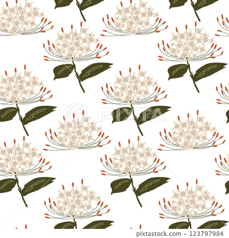 Seamless floral pattern with tropical flowers and green leaves. Elegant botanical design in pastel colors. Ideal for fabric prints, wallpapers and stationery. Modern vector illustration Seamless floral pattern with tropical flowers and green leaves. Elegant botanical design in pastel colors. Ideal for fabric prints, wallpapers and stationery. Modern vector illustration 123797984