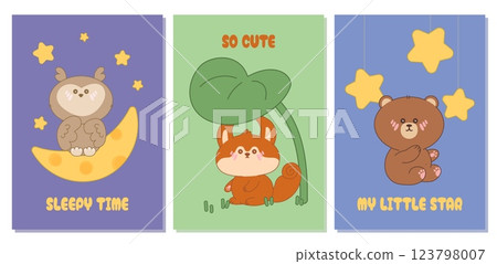 Set cards with kawaii animals. Cartoon bear, owl and squirrel with stars, moon, plants. Cute minimalistic postcards, posters, banners. Vector illustration Set cards with kawaii animals. Cartoon bear, owl and squirrel with stars, moon, plants. Cute minimalistic postcards, posters, banners. Vector illustration 123798007