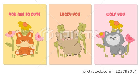 Set cards with kawaii animals. Cartoon fox, wolf and boar with flowers. Cute minimalistic postcards, posters, banners. Vector illustration 123798014