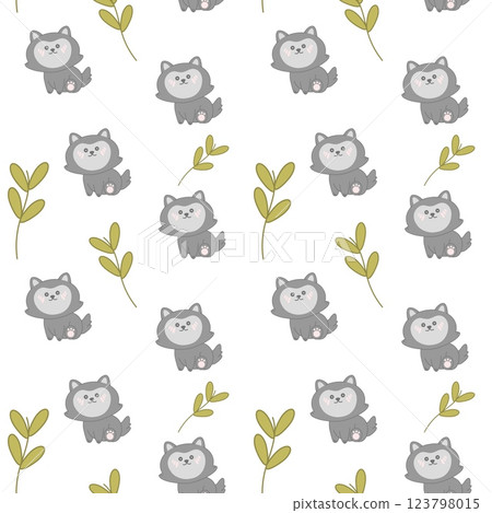 Kawaii wolf seamless pattern with cute forest animal and leaves. Adorable baby wolf in cartoon style. Perfect for kids' textiles, wallpapers and background. Modern vector illustration in pastel colors 123798015