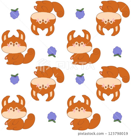 Seamless pattern of kawaii squirrel with blackberry. Cute wild forest animal. Adorable character cartoon vector illustration for textile, fabric, packing, gift print, baby clothing 123798019