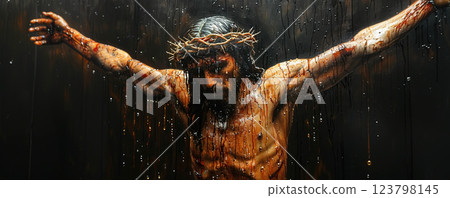 Religious crucifixion of Jesus Christ on the cross, catholic symbol of spiritual faith. 123798145