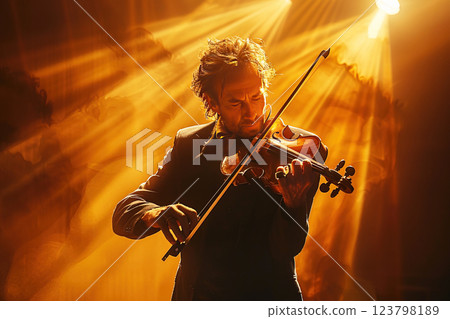 Violinist at a concert playing traditional classical music on a vintage violin. Performer under spotlights in the haze. 123798189