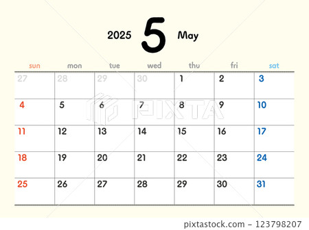 2025 年日曆 5 月 2025 年日曆 5 月 123798207