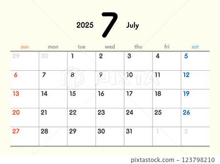 2025 Calendar July 123798210