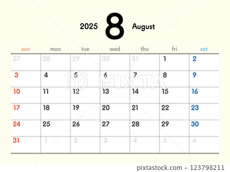 2025 Calendar August 123798211