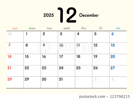 2025 Calendar December 123798215