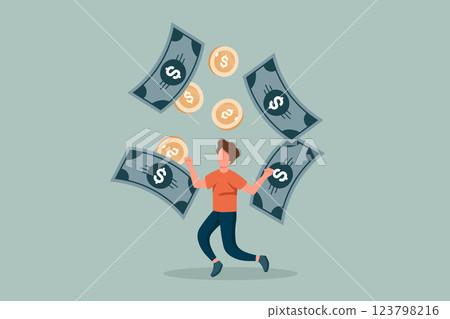 Passive income illustration. Character enjoying financial freedom and independence. Successfully and free of debts person planning budget. Vector illustration. Passive income illustration. Character enjoying financial freedom and independence. Successfully and free of debts person planning budget. Vector illustration. 123798216