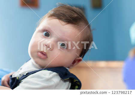 The face of a six-month-old baby close-up. Chubby kid. Beautiful little boy 123798217