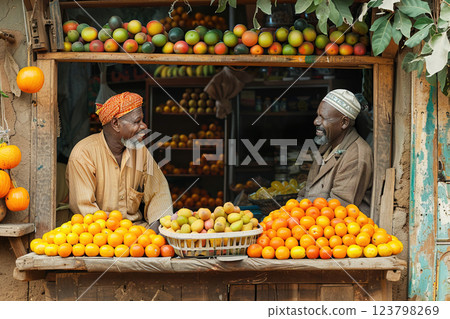 African stall with exotic tropical fresh fruits, sellers Africans smiling friendly. African stall with exotic tropical fresh fruits, sellers Africans smiling friendly. 123798269