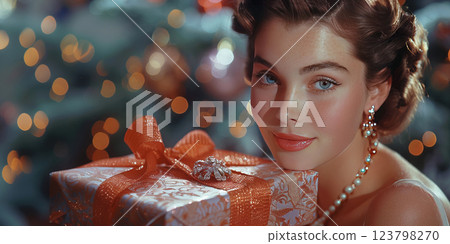 A woman joyfully admires a beautifully wrapped holiday gift next to a sparkling ornamented tree A woman joyfully admires a beautifully wrapped holiday gift next to a sparkling ornamented tree 123798270
