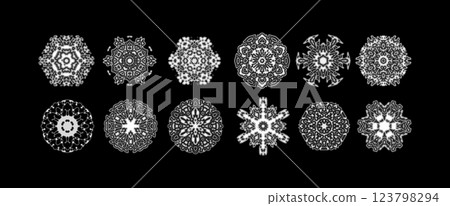 The image is a set of twelve different snowflakes, all in vector format. Each snowflake has a unique pattern, showcasing the intricate and symmetrical details that are typical of snowflakes. The image is a set of twelve different snowflakes, all in vector format. Each snowflake has a unique pattern, showcasing the intricate and symmetrical details that are typical of snowflakes. 123798294