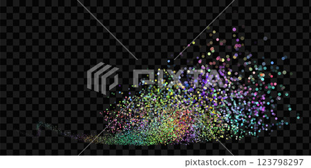 Vector image with a wave of bright bokeh particles on a transparent background. Rainbow sparkles and shimmering dots create a shining stream effect, perfect for New Year and holiday designs. 123798297