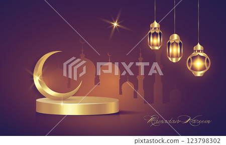 Ramadan Kareem gold 3D Islamic Podium with Arabic Hanging light Lamps, traditional luxury Arab banner for product showcase, Product presentation, cosmetic, base, sales, vector mosque background 123798302
