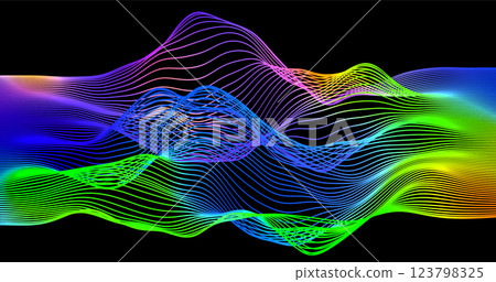 Abstract winding lines of different colors on a black background. Vector illustration in concept technology, science, music, modernity. 123798325
