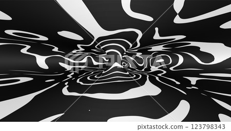 Vector black and white striped pattern that creates a 3D optical illusion with curved and distorted lines. This abstract design is perfect for modern art, visual effects or unique creative projects. 123798343